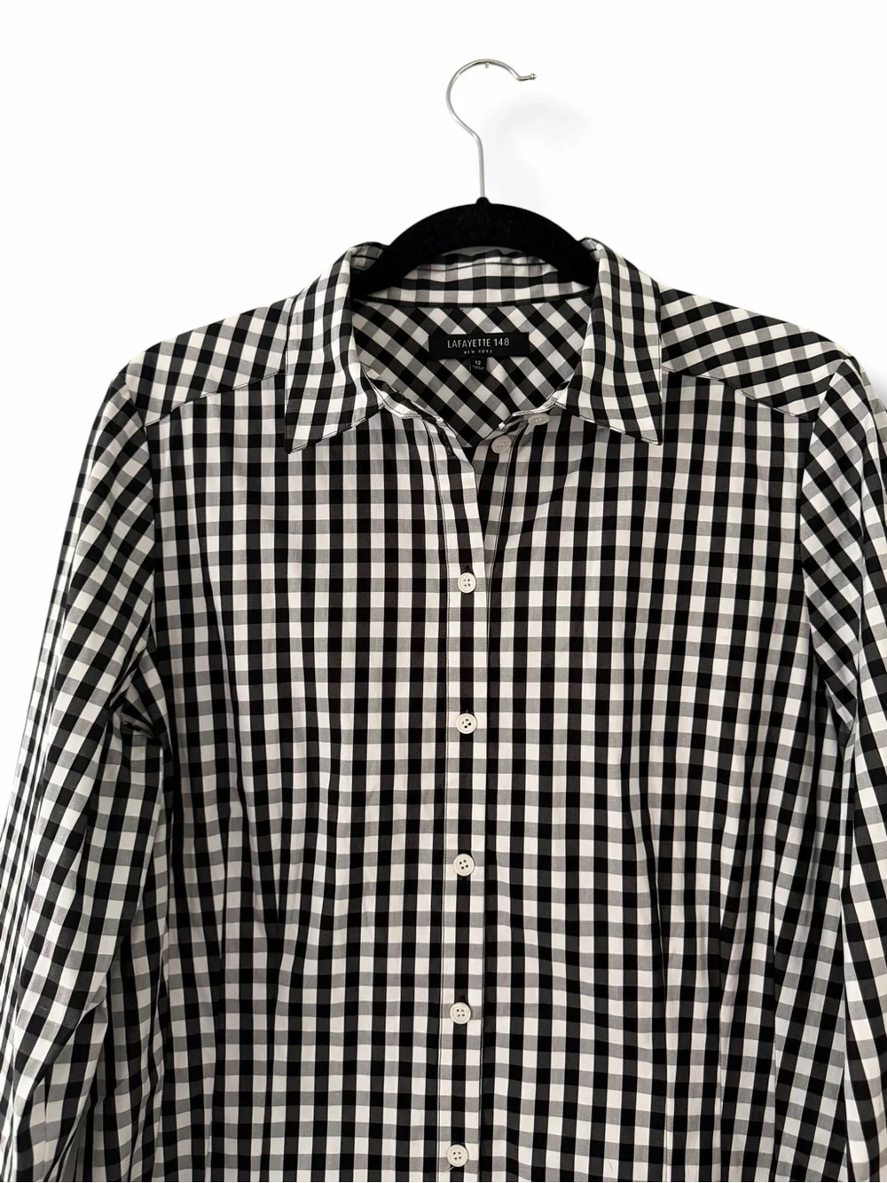 Lafayette 148 NY Black & White Gingham Button Down Shirt Poplin Classic Size 12 - Picture 5 of 11
